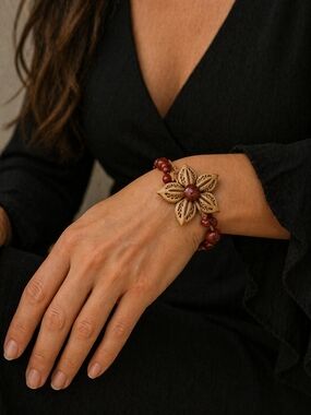 Boho Floral Carved Wood Bracelet with Brown Beads